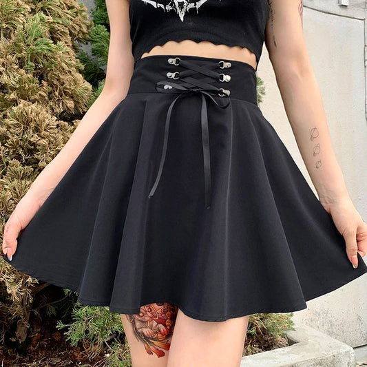 Women's Basic Versatile Flared Casual Mini Skater Skirt - High Waisted Goth Punk Black Skirt