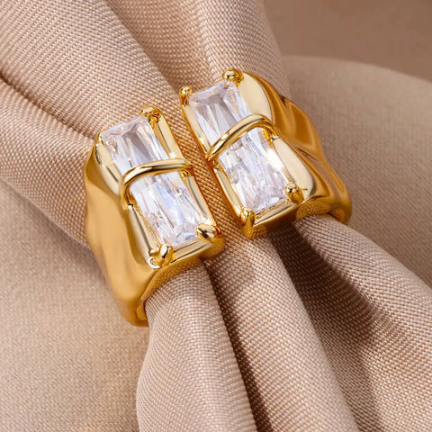 Irregular Square Zircon Rings for Women - Stainless Steel Geometric Opening Ring for Weddings and Parties | Trendy Fashion Jewelry Gift 2025