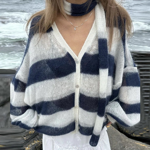TARUXY Mode Gestreepte Trui Cardigan met Sjaal - Retro Lantaarnmouw Gebreide Top voor Dames