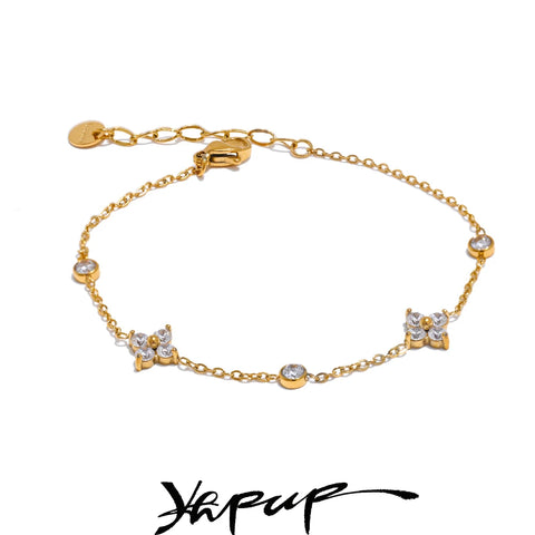 Yhpup Delicate Cubic Zirconia Flower Chain Thin Bracelet Bangle - Rust Proof Stainless Steel Jewelry for Office Ladies
