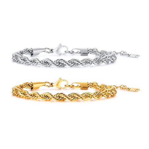 2-5MM Stainless Steel Rope Bracelets for Men Boys - Adjustable Gold Silver Links Wristband, Rock Punk Cool Jewelry Gift