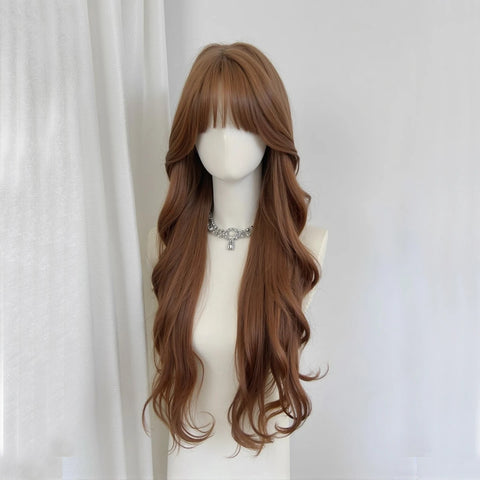 EASIHAIR Long Wavy Brown Synthetic Wigs for Women - Natural Curly Hair with Bangs for Daily Use and Cosplay