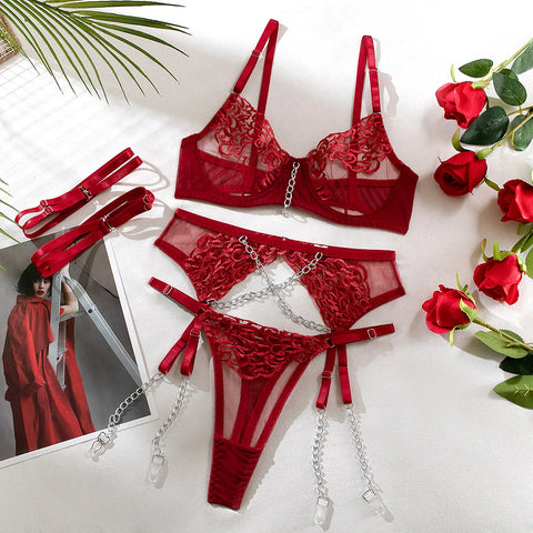 3-Piece Embroidery Lingerie Set for Women - 3 Colors, Sexy Luxury Garter Kit