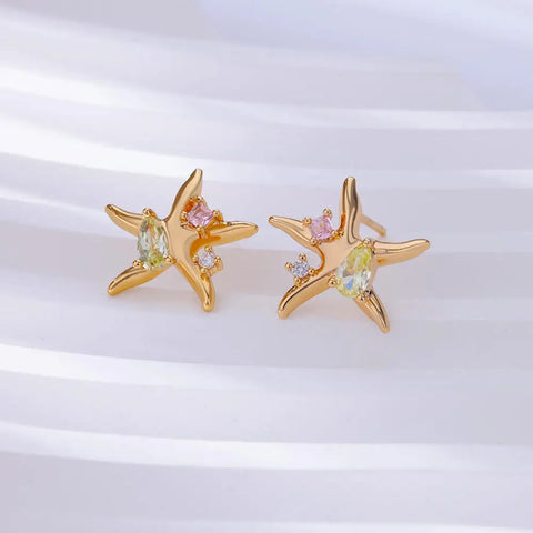 Zircon Starfish Stud Earrings for Women - Gold Stainless Steel Statement Jewelry Gift