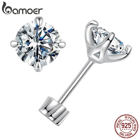 BAMOER Classic Moissanite Earrings – 925 Silver 4-Prong Round Cut Lab Diamond