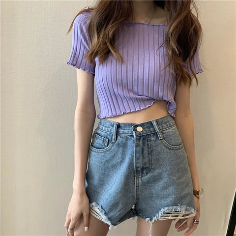 ITOOLIN Women Knitted Ruffles Hem Tops