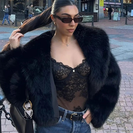 MUJER Zwarte imitatiebontjas voor dames - Pluche herfst-winter streetwear bovenkleding 