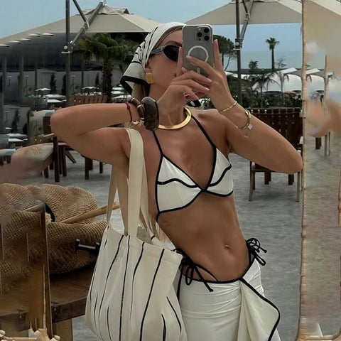 Para Praia Print Driedelige Bikiniset met Lange Rok - Sexy Badpak Strandjurk voor Dames