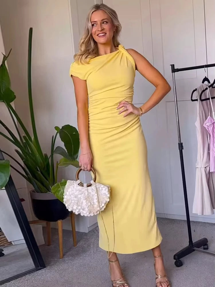 MUJER Yellow Draped Long Dresses for Women