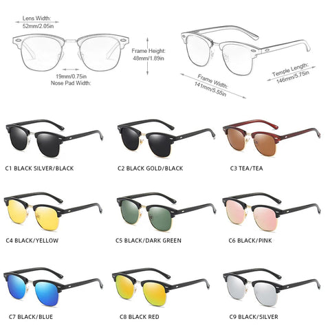 Klassieke gepolariseerde zonnebril met half montuur – Retro Rivet UV400 unisex anti-reflectie reiszonnebril