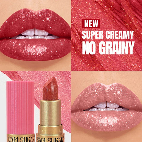 Diamond Pink Lipstick Chocolate Brown Metallic Glitter Lipstick - Long-Lasting Waterproof Shimmer Pearl Sparkling Lip Gloss