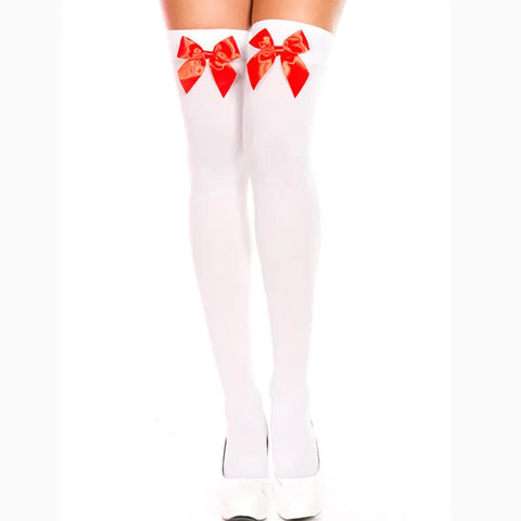 Elegant Women's Pink Bow Stay Up Thigh High Silk Stockings