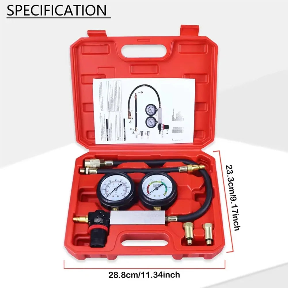 Car Cylinder Leak Down Tester TU-21 - Gasoline Engine Compression Tester Kit with Dual Gauge and Red Case
