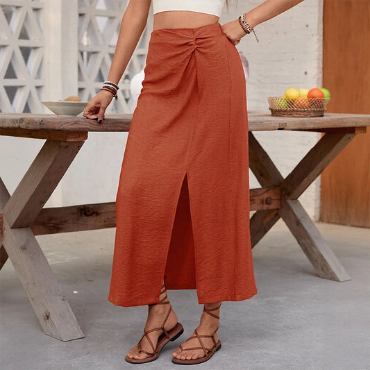 Benuynffy Solid Color Split Long Skirt for Women - Summer Fashion with Elastic Waist