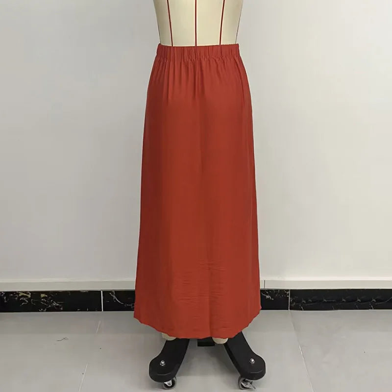 Benuynffy Solid Color Split Long Skirt for Women - Summer Fashion with Elastic Waist