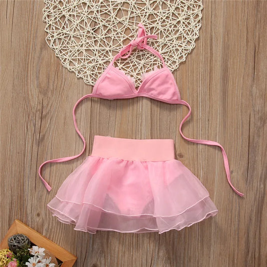 Baby Girls Solid Pink Hanging-Neck Tutu Swimsuit