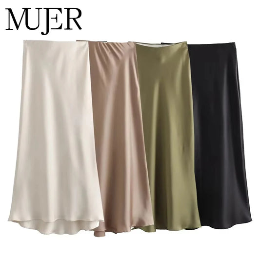 MUJER 2025 Satin Midi Skirt for Women - High Waist Elegant Black Skirt for Office and Summer