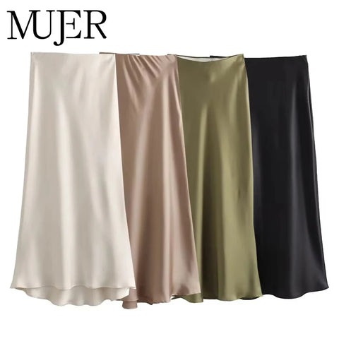MUJER 2025 Satijnen Midi-rok voor dames - Elegante zwarte rok met hoge taille voor kantoor en zomer
