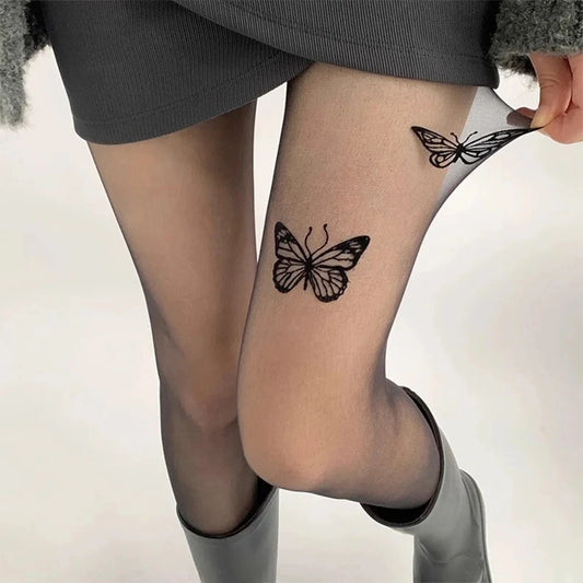 Vintage Y2K Butterfly Tights - Black/Blue Nylon Pantyhose