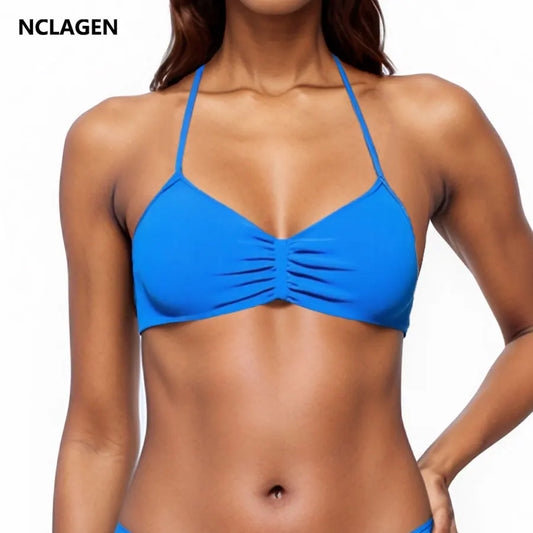 NCLAGEN Strappy Bra Gym Top for Women – High Support Seamless Halter Sports Bra with Pads
