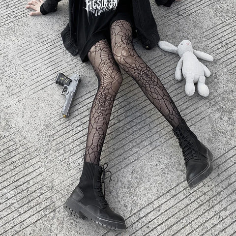 Black Spider Web Mesh Pantyhose for Women - Gothic Lace Fishnet Tights