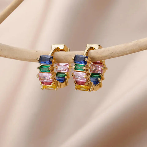 Colored Rainbow Zircon Earrings for Women - Mini Stainless Steel Geometric Circle Jewelry for Weddings and Parties
