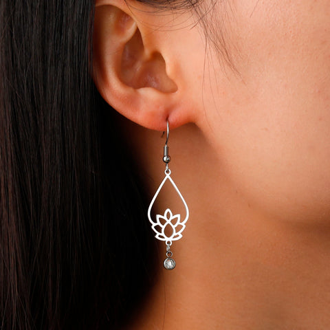Skyrim Lotus Flower Rhinestone Dangle Earrings - Gold Stainless Steel Bohemian Jewelry for Women