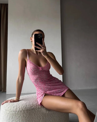 Sensual Women's Deep-V Neck Lace Leopard Split Set with Thongs - Elegant Sleepwear Babydoll Mini Dress