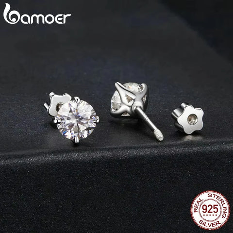 BAMOER Classic Moissanite Earrings – 925 Silver 4-Prong Round Cut Lab Diamond