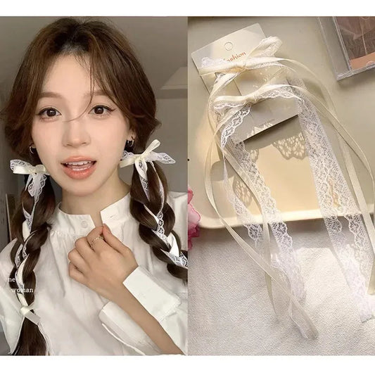 2Pcs Korean Lace White Bow Ribbon Hair Clip - Delicate Bowknot Hairpins for Women