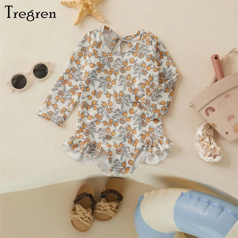 Tregren Kids Floral Print Long Sleeve Swimsuit