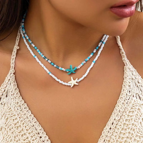 Bohemian Double Seed Bead Chain Clavicle Necklace with Vintage Acrylic Turtle and Starfish Pendant for Women
