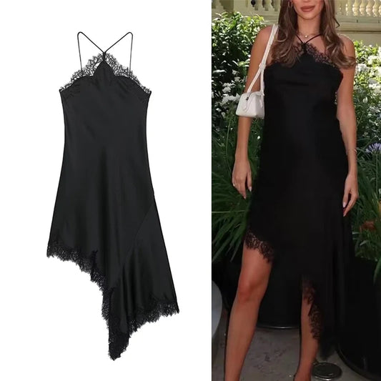 TRAF Women Sexy Lace Satin Halter Long Dress
