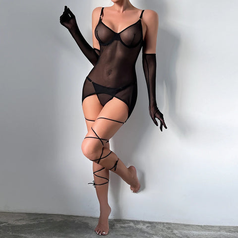 Sheer Mesh Lingerie Set for Women - 4-Piece Backless Dress & Briefs Nightwear