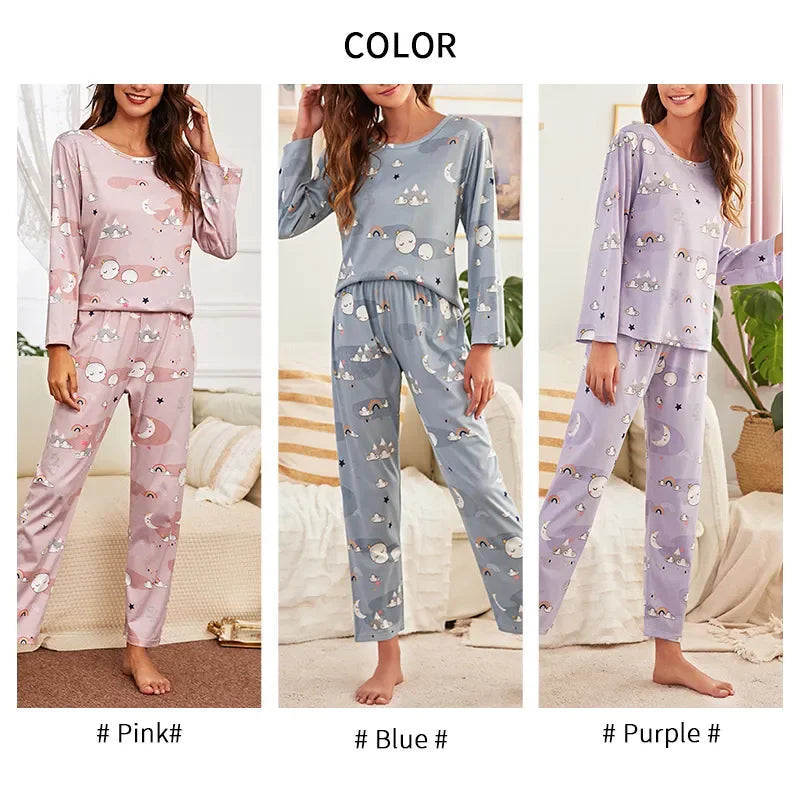 Women’s Cartoon Print Pajama Set with Eye Mask