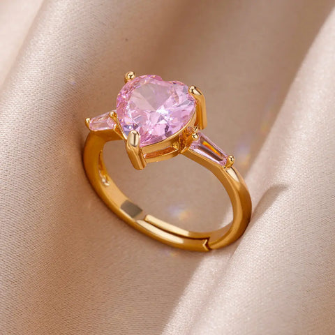 Pink Zircon Heart Rings for Women - Adjustable Gold Plated Stainless Steel Ring - 2025 Trend Wedding Aesthetic Jewelry Gift
