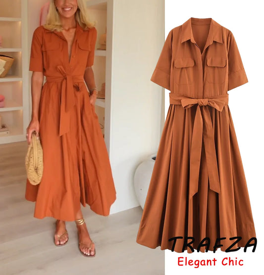 TRAFZA Women Elegant Belt Midi Dress