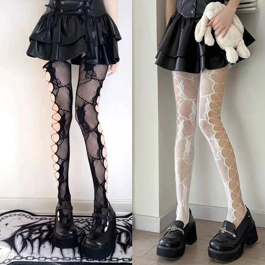 Women's Hollow Jacquard Fishnet Tights - Floral Lace Thigh High Pantyhose