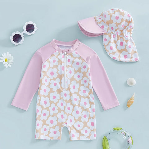 Tregren Toddler Girl Long Sleeve Swimsuit with Sun Hat