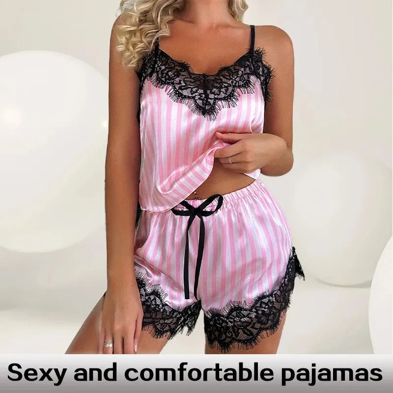 Two Piece Women's V-Neck Lace Suspender Pajama Shorts Set