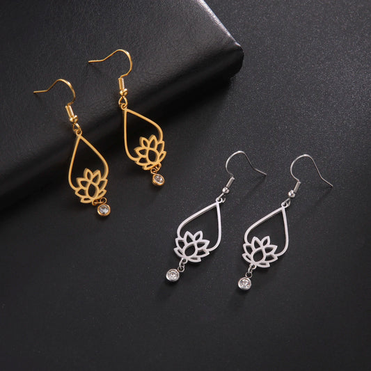 Skyrim Lotus Flower Rhinestone Dangle Earrings - Gold Stainless Steel Bohemian Jewelry for Women