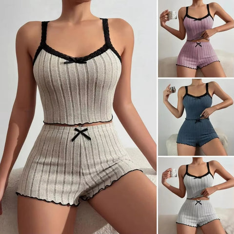 Pajama Suit Suspender Shorts with Sexy Bow Print