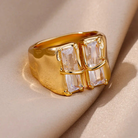 Irregular Square Zircon Rings for Women - Stainless Steel Geometric Opening Ring for Weddings and Parties | Trendy Fashion Jewelry Gift 2025
