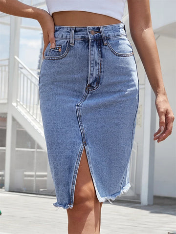 Dames blauwe denim rok met zakken en split aan de voorkant - Hoge taille, slanke midi-rok met rits voor casual streetwear