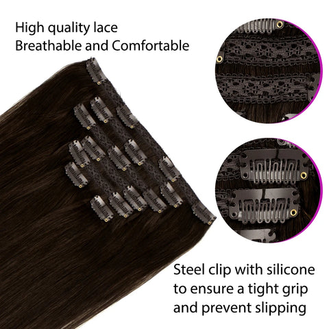 Clip-In Hair Extensions 100% Real Human Remy Hair 7pcs/Set Dark Brown #2