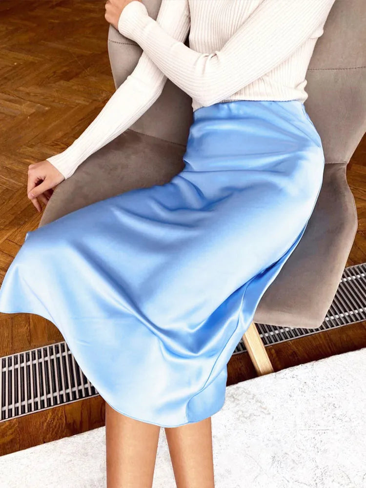 Solid Purple Satin Silk Skirt for Women - High Waisted Elegant Midi Skirt for Office and Spring 2024