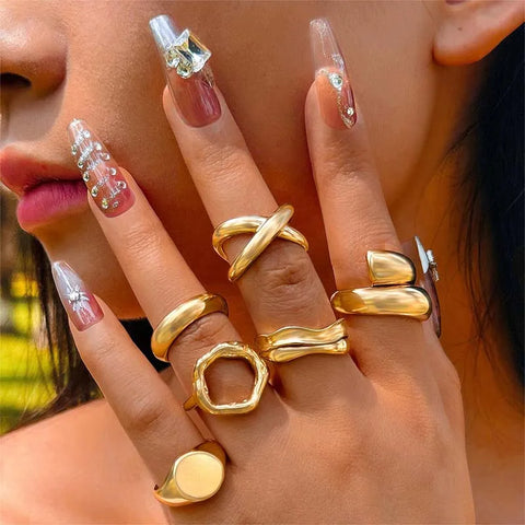 6Pcs/Set Gold Color Smooth Geometric Open Rings Set for Women - Chunky Metal Jewelry Gift
