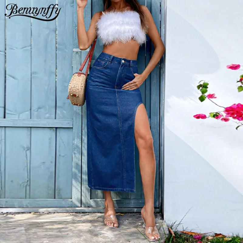 Benuynffy Sexy Side High Split Denim Skirt - Women's Summer Vintage Fashion