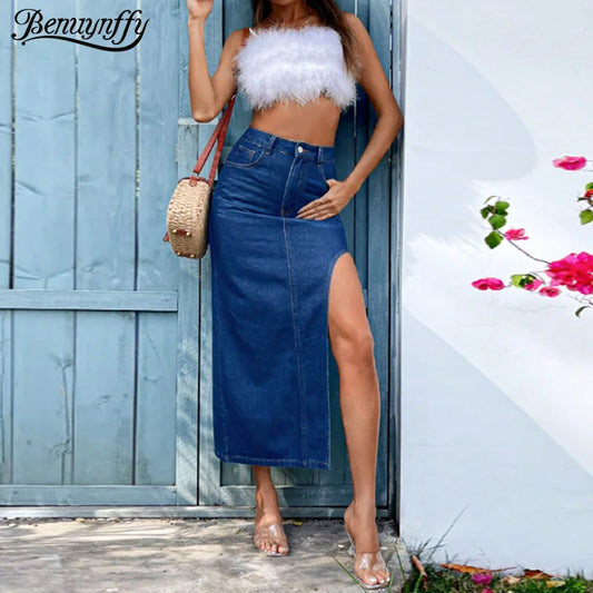 Benuynffy Sexy Side High Split Denim Skirt - Women's Summer Vintage Fashion