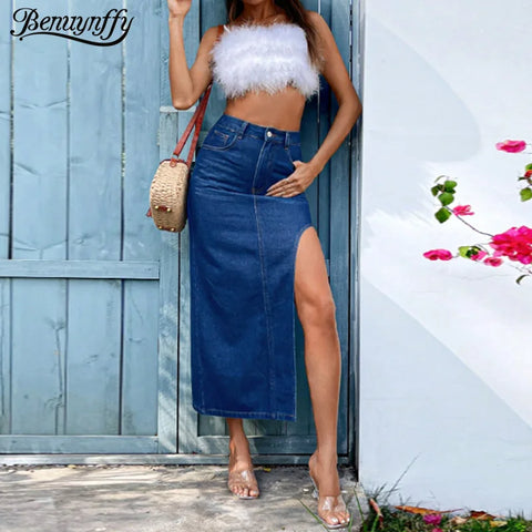 Benuynffy Sexy Zijsplit Denim Rok - Dames Zomer Vintage Mode 